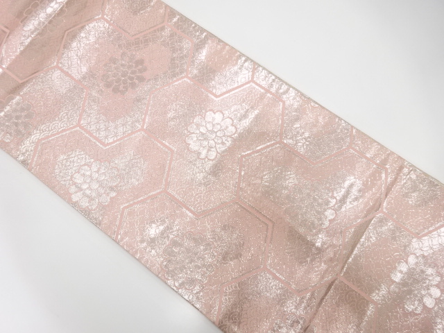 毘沙門亀甲に花古典柄模様織り出しリバーシブル全通袋帯